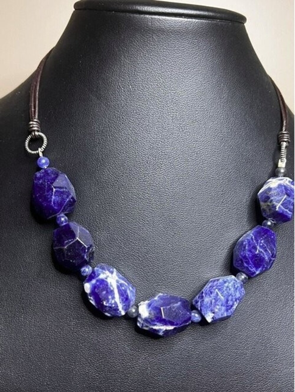 B6676 Chunky Sodalite Sterling Silver Statement Beaded Necklace Leather 17-18"